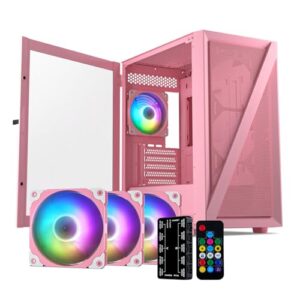 Vetroo M05 Micro ATX Computer PC Case with Door Open Tempered Glass Side Panel & Mesh Front Panel, Support 240mm Radiator, 4Pcs 120mm Addressable RGB Fans, Type-C Port - Pink