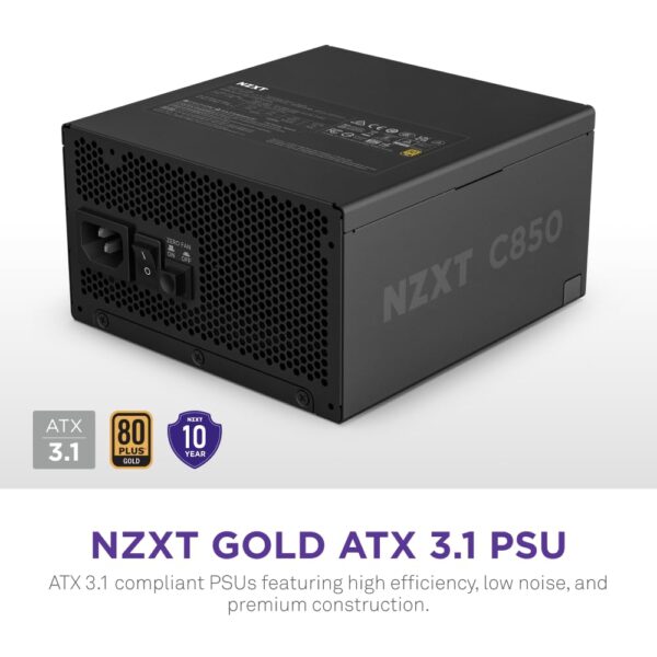 NZXT C850 Gold ATX 3.1 - Fully Modular Low-Noise PC Gaming Power Supply - 850 Watts - 80 Plus Gold - 12V-2x6 Connector - Zero Fan Mode - 100% Japanese Capacitors - Black (Renewed) - Image 2