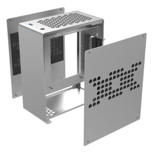 ITX Mini PC Gaming Case Aluminum Alloy Computer Desktop Micro Size Chassis Front I/O USB Port Airflow Dissipate Heat Panel Vertical Mount Riser Cable Silver
