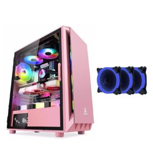 Computer Case Tempered Glass Mid-Tower ATX Case - Compatible with ATX Motherboard - High-Airflow - Cable Management System - USB 3.0 - Includes Blue Dual Ring Fan(Pink,3 Fans)