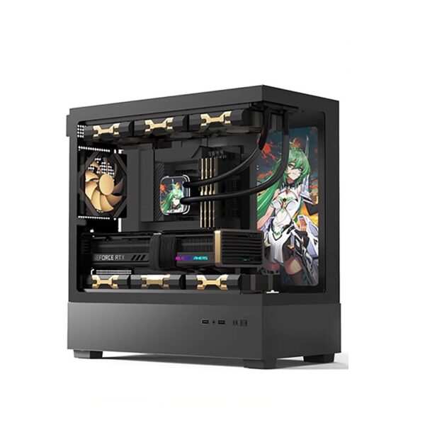 Computer Case 270° Tempered Glass Mid-Tower Case - Compatible with M-ATX/ITX Motherboard - 9 Fan Positions - Supports Water Cooling - Support Back Insertion of Motherboard(Black)