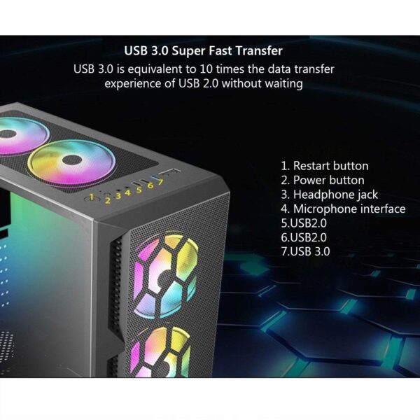 HDYD ATX Case, Mid-Tower PC Gaming Case ATX/M-ATX/ITX - Front I/O USB 3.0 Port - Fully Transparent Side Panels - Support Water Cooling - Free Rainbow Fan (Size : 7 Fan) - Image 4