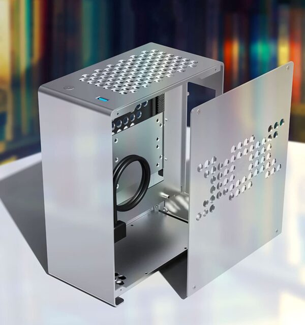 ITX Mini PC Gaming Case Aluminum Alloy Computer Desktop Micro Size Chassis Front I/O USB Port Airflow Dissipate Heat Panel Vertical Mount Riser Cable Silver - Image 2