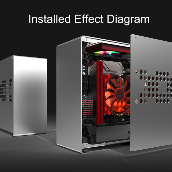 ITX Mini PC Gaming Case Aluminum Alloy Computer Desktop Micro Size Chassis Front I/O USB Port Airflow Dissipate Heat Panel Vertical Mount Riser Cable Silver - Image 3