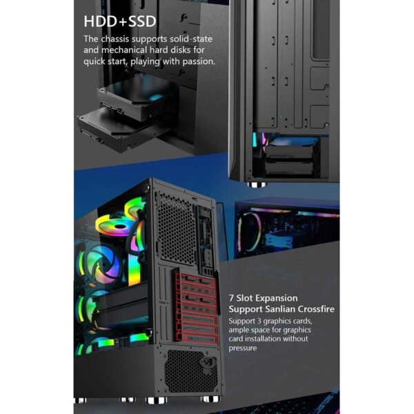 HDYD ATX Case, Mid-Tower PC Gaming Case ATX/M-ATX/ITX - Front I/O USB 3.0 Port - Fully Transparent Side Panels - Water Cooling is Ready - with Colored Fans (Size : 7 Fan) - Image 7