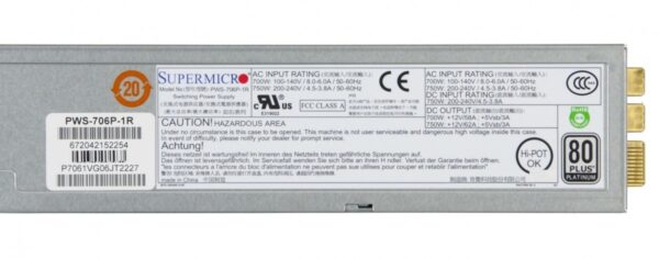 Supermicro Power Supply 1U 700/750W Single Output Platinum PWS-706P-1R, Grey (Renewed) - Image 2
