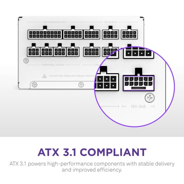 NZXT C1200 Gold ATX 3.1 - Fully Modular Low-Noise PC Gaming Power Supply - 1200 Watts - 80 Plus Gold - 12V-2x6 Connector - Zero Fan Mode - 100% Japanese Capacitors - White (Renewed) - Image 3