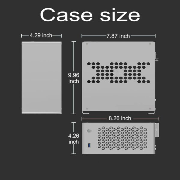 ITX Mini PC Gaming Case Aluminum Alloy Computer Desktop Micro Size Chassis Front I/O USB Port Airflow Dissipate Heat Panel Vertical Mount Riser Cable Silver - Image 4
