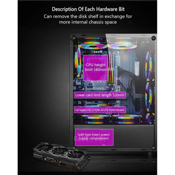 HDYD ATX Case, Mid-Tower PC Gaming Case ATX/M-ATX/ITX - Front I/O USB 3.0 Port - Fully Transparent Side Panels - Support Water Cooling - Free Rainbow Fan (Size : 7 Fan) - Image 6