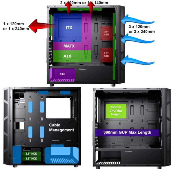 GameMax Kage ARGB PC Gaming Case, Mid-Tower, ATX, ARGB Hub Included, Mobo Sync, Full Tempered Glass Side Panel Included, Water-Cooling Ready | Black - Image 4