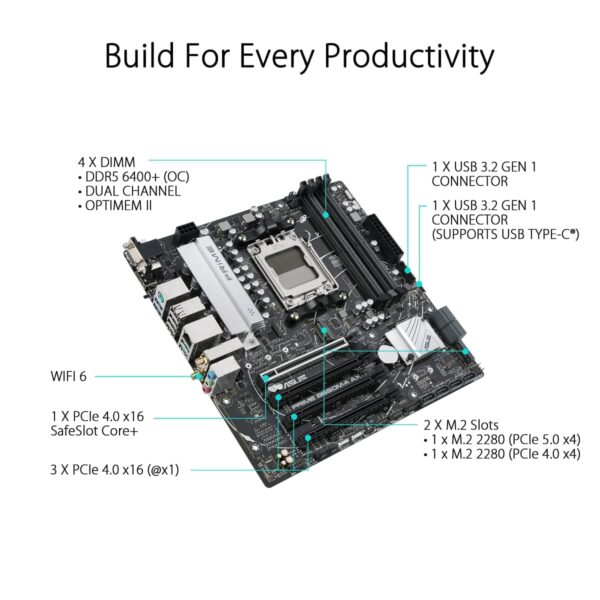 ASUS Prime B650M-A AX AMD B650(Ryzen 7000) Micro-ATX Motherboard(DDR5,PCIe 5.0 M.2,2.5Gb LAN,Wi-Fi 6, DP,USB 3.2 Gen 2 Ports,Front USB 3.2 Gen 1 Type-C®, BIOS Flashback™, CEC Tier II Ready) (Renewed) - Image 3
