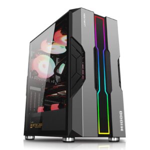 ZXFF Black ATX Case Mid-Tower Gaming Case with 1 Tempered Glass Window, I/O Panel USB3.0/USB2.0/Audio Port, with RGB Light Bar