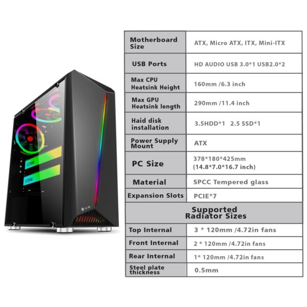 Mid Tower Computer Case,with 6PCS 120 mm ARGB Fans ATX Gaming Case, USB3.0 x 1, 290 mm Radiator Support Black (Black) - Image 2