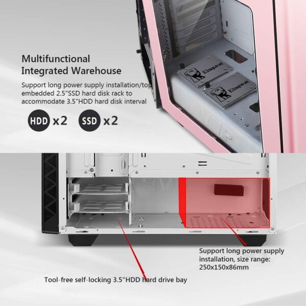 HDYD Gaming Case,Mid-Tower PC Gaming Case ATX/M-ATX/ITX - Front I/O USB 3.0 Port -Transparent Side Panels - 6 Fan Position - Water-Cooling Ready - Image 5