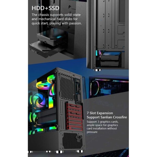 HDYD ATX Case, Mid-Tower PC Gaming Case ATX/M-ATX/ITX - Front I/O USB 3.0 Port - Fully Transparent Side Panels - Water Cooling is Ready - 8 Fan Position (Color : Black) - Image 7