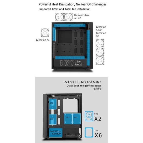 HDYD Gaming Case,Mid-Tower PC Gaming Case ATX/M-ATX/ITX - Front I/O USB 3.0 Port - Transparent Side Panels- 8 Fan Position - Water-Cooling Ready (Size : 6 Fan) - Image 4