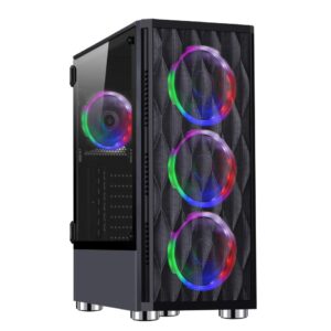 ESGAMING E-ATX Mid Tower Gaming Case with USB 3.0 Port and 4 ×120mm RGB Fan Pre-Installed, High Airflow Computer Case with Polygonal Mesh Front Panel, Crystalline Tempered Glass and Lighting System