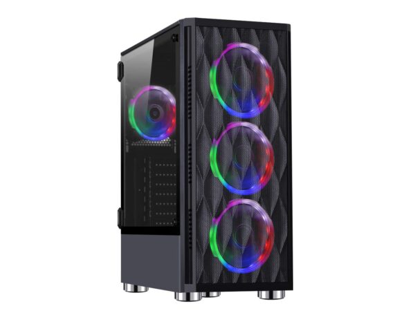ESGAMING E-ATX Mid Tower Gaming Case with USB 3.0 Port and 4 ×120mm RGB Fan Pre-Installed, High Airflow Computer Case with Polygonal Mesh Front Panel, Crystalline Tempered Glass and Lighting System