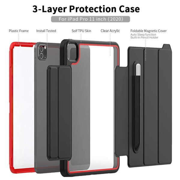 TianTa New iPad Pro 11 Case 2nd Generation 2020 & 2018, Slim Leather Full Body Hard Back Shell Protective Smart Cover with Built-in Screen Protector & Pencil Holder for iPad Pro 11 inch,Black/Red - Image 5