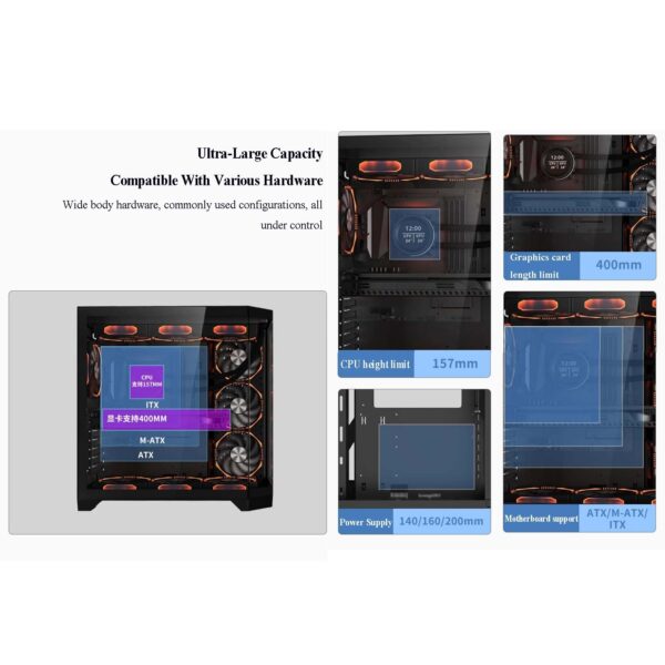 Computer Cases, Mid-Tower PC Gaming Case ATXM-ATX/ITX - Front I/O USB 3.0 Port - 3 Sided Glass - 10 Fan Installation Position - Water Cooling Installation Ready - Image 3
