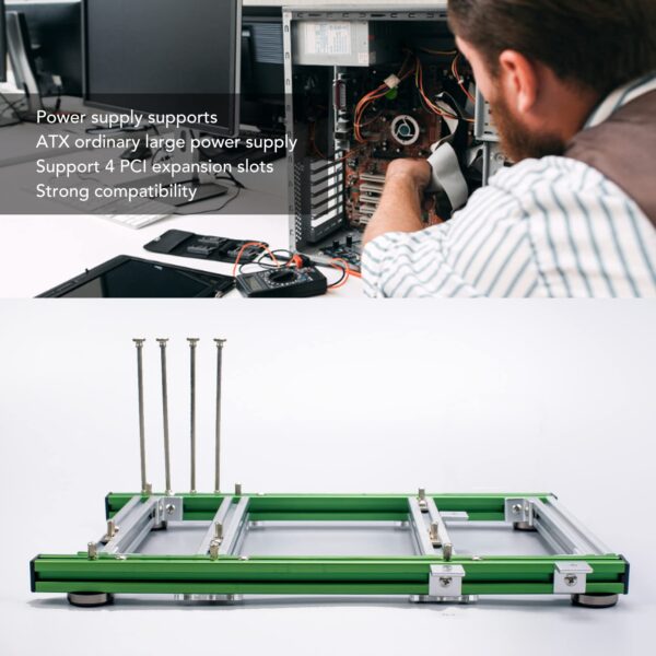 DIY Open Frame Case, DIY MATX Motherboard Aluminum Alloy Computer PC Case Chassis 360x248mm Support 4 PCI Slot Gaming PC Case for ATX Ordinary Large Power Supply (Green Silver) - Image 3