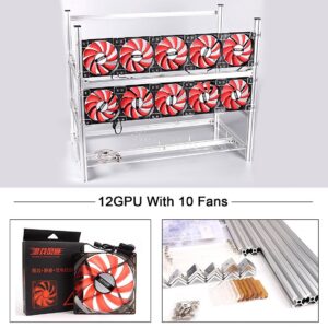 12 GPU Miner Case and 10 Red Fans, Aluminum Stackable Mining Rig Open Air Frame for Ethereum(ETH)/ETC/ZCash Ethereum,Bitcoin,Cryptocurrency and Altcoins (12 GPU Sliver Frame with 10 Red Fans)