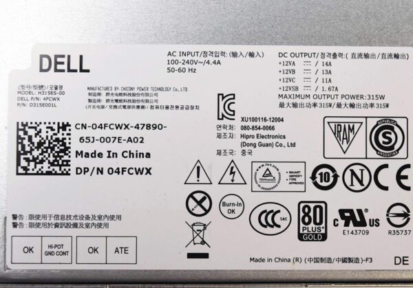 FOR DELL 4FCWX Genuine OEM Dell Optiplex XE2 Small Form Factor (SFF) Desktop PC System Power Supply Unit PSU 315 Watt D315ES-00 D315E001L VX372 (Renewed) - Image 6