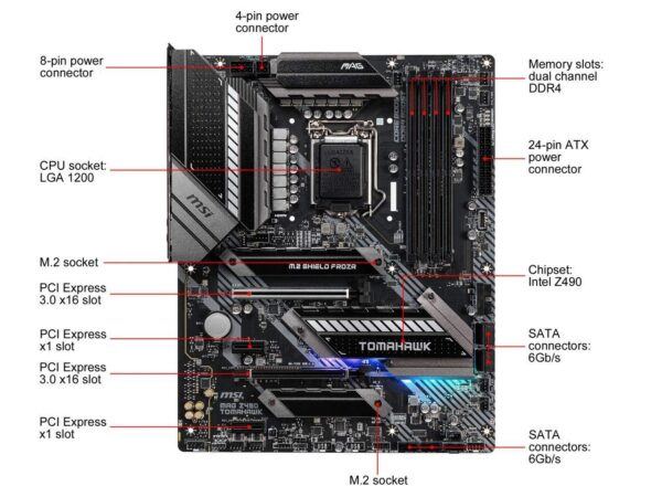 MSI MAG Z490 Tomahawk Computer Motherboard (ATX, LGA 1200 Socket, DDR4, Dual M.2 Slots, USB 3.2 Gen 2, Type-C, 2.5G LAN, DP/HDMI, Mystic Light RGB) Intel Gaming PC Motherboards (Renewed) - Image 2