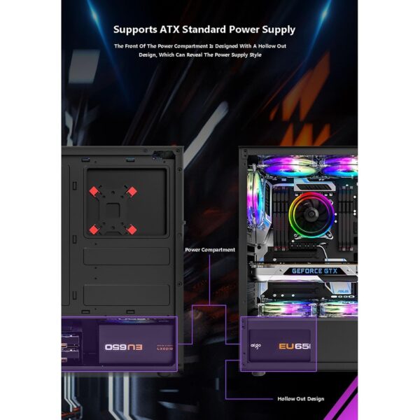 ATX Case, Mid-Tower PC Gaming Case ATX/M-ATX - Front I/O USB 3.0 Port - Tempered Glass Side Panel - Support Water Cooling - 8 Fan Position - Image 6