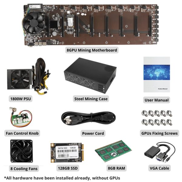 SUOHUI GPU Mining Rig Complete Mining Server Case for Ethereum/ETH Crypto Mining Prebuilt 8 GPU Mining Motherboard, 1800W PSU, 8 Cooling Fans, 8GB RAM,128GB SSD,(without GPUs) -Black - Image 6