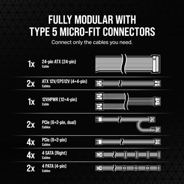 Corsair RM1200x Shift Fully Modular ATX Power Supply - Modular Side Interface - ATX 3.0 & PCIe 5.0 Compliant - Zero RPM Fan Mode - 105°C-Rated Capacitors - 80 Plus Gold Efficiency - Black (Renewed) - Image 9