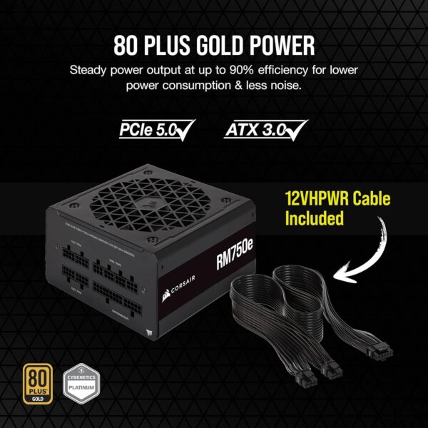 Corsair RM750e (2023) Fully Modular Low-Noise Power Supply - ATX 3.0 & PCIe 5.0 Compliant - 105°C-Rated Capacitors - 80 Plus Gold Efficiency - Modern Standby Support - Black (Renewed) - Image 3