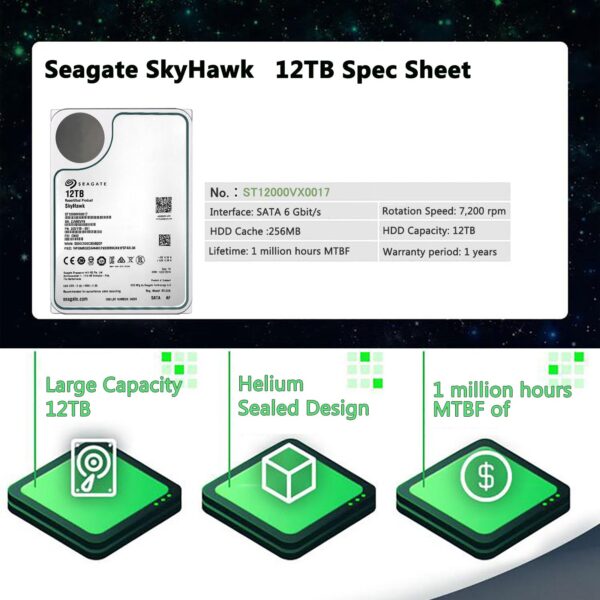 Seagate Skyhawk 12TB Video Internal Hard Drive HDD-3.5 Inch SATA 6Gb/s 7200PRM 256MB Cache for DVR NVR Security Camera System with Rescue Services (ST12000VX0017/0007) (Renewed) - Image 4