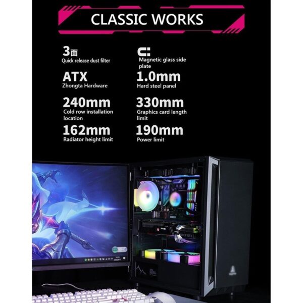 Computer Case Tempered Glass Mid-Tower ATX Case - Compatible with ATX Motherboard - High-Airflow - Cable Management System - USB 3.0 - Multiple Colors(White) - Image 2