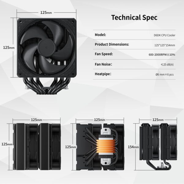 upHere Black CPU Heatsink with 6 Heat Tubes, Dual Tower with Dual 120mm PWM Fan, CPU Fan for Intel LGA Universal Socket 2011/2066/1700/1200/115X(X79/X99) AMD AM5/AM4,D6DK - Image 7