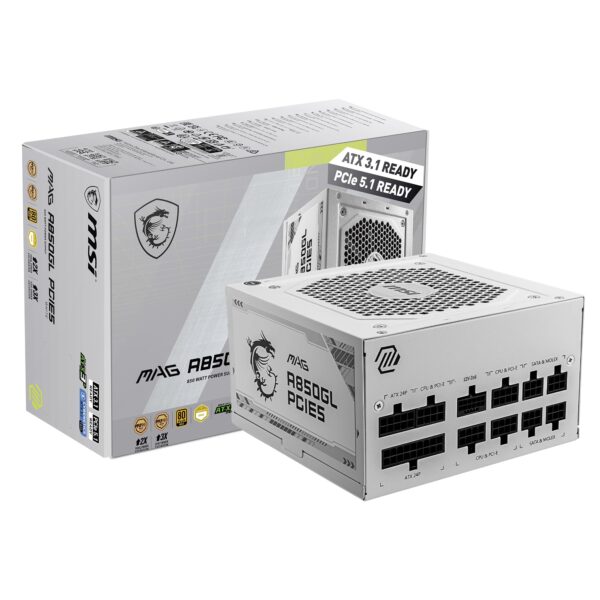 MSI MAG A850GL PCIE 5.1 White Gaming Power Supply - Full Modular - 80 Plus Gold Certified 850W - ATX 3.1 & PCIE 5.1 Ready Compact Size - ATX PSU - (Renewed)