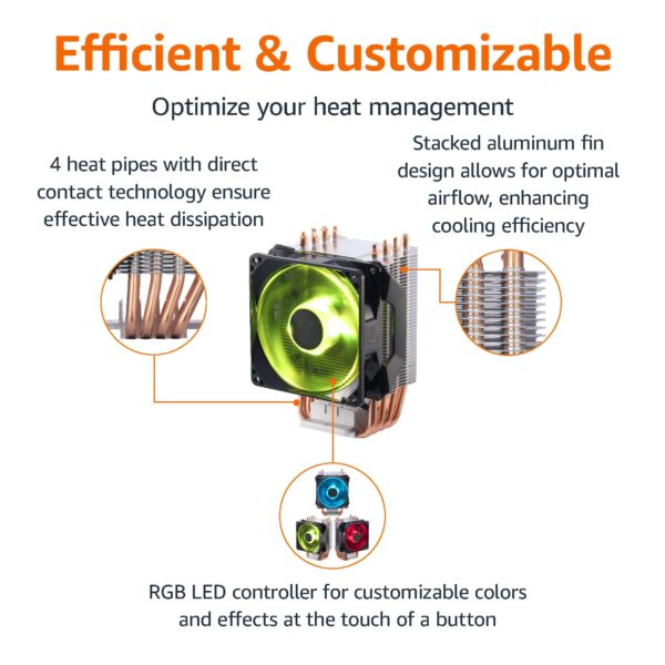 Amazon Basics Computer Cooling Fan with Cooler Master Technology, CPU Air Cooler, 4 Heat Pipes, RGB LED PWM, ‎4.02 X 3.28 X 4.96 Inch, Aluminum Fins - Image 3