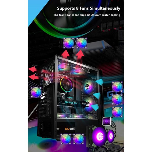 ATX Case, Mid-Tower PC Gaming Case ATX/M-ATX - Front I/O USB 3.0 Port - Tempered Glass Side Panel - Support Water Cooling - 8 Fan Position - Image 7