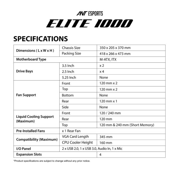 Ant Esports Elite 1000 PS Mid-Tower Computer Case/ Gaming Cabinet - Black | Supports M-ATX, ITX with Pre-Installed 1 x 120mm Black Rear Fan - Image 8