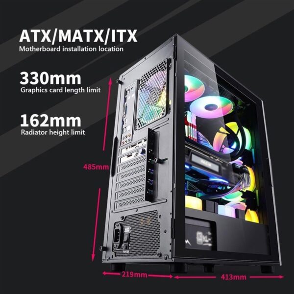 Computer Case Tempered Glass Mid-Tower ATX Case - Compatible with ATX Motherboard - High-Airflow - Cable Management System - USB 3.0 - Multiple Colors(White) - Image 3