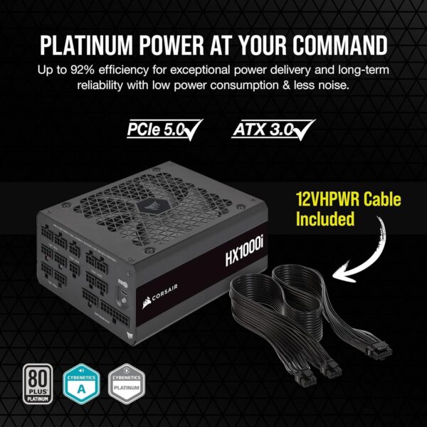 Corsair HX1000i Fully Modular Ultra-Low Noise ATX Power Supply - ATX 3.0 & PCIe 5.0 Compliant - Fluid Dynamic Bearing Fan- 80 Plus Platinum Efficiency - Black (Renewed) - Image 3