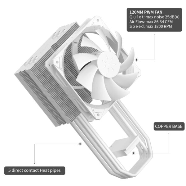 upHere White CPU Air Cooler,5 Heat Pipes,120mm PWM Processor 180W TDP Fan for AMD Ryzen AM4 Universal Socket/Intel LGA115X - Image 5