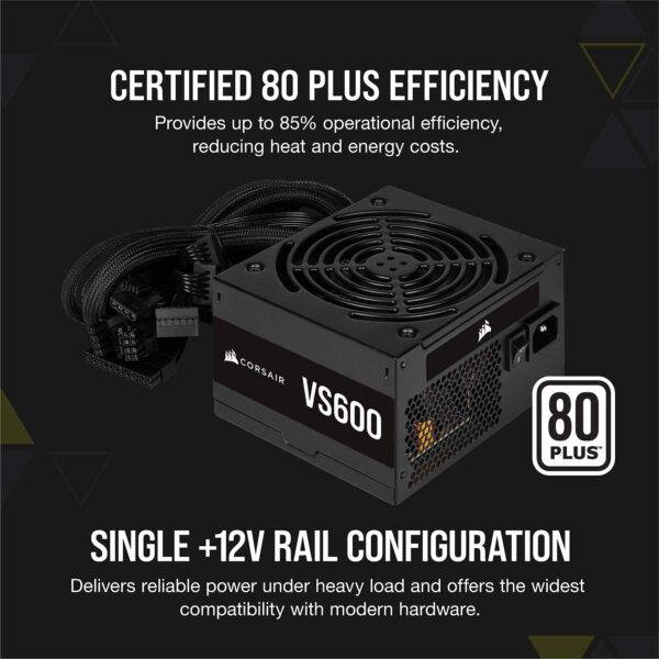 Corsair VS Series VS600 Certified Non-Modular ATX Power Supply, 80+ White (Renewed) - Image 3
