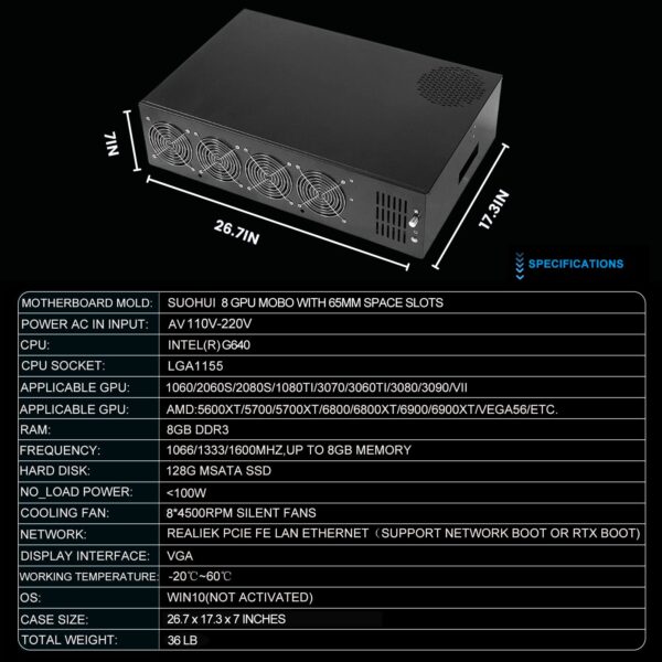 SUOHUI GPU Mining Rig Complete Mining Server Case for Ethereum/ETH Crypto Mining Prebuilt 8 GPU Mining Motherboard, 1800W PSU, 8 Cooling Fans, 8GB RAM,128GB SSD,(without GPUs) -Black - Image 7