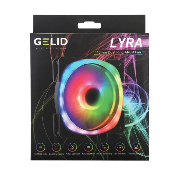 Gelid Solutions Lyra 140mm Dual Ring ARGB Fan (Pack of 1), 24 ARGB LED, Addressable RGB Controls, Noiseless Motor, Airflow Optimized, Daisy-Chain Compatible, FN-LYRA-01 - Black - Image 4