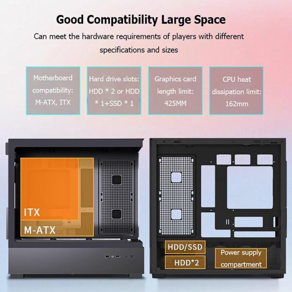 Computer Case 270° Tempered Glass Mid-Tower Case - Compatible with M-ATX/ITX Motherboard - 9 Fan Positions - Supports Water Cooling - Support Back Insertion of Motherboard(Black) - Image 3