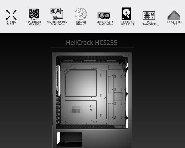 HellCrack HCS255 Black Midi PC Case, ATX, 6 x 120mm ARGB Fan Included, 1 x USB3.0 and 2 x USB2.0. Friendly Business, Office or Gaming Solution | Black, HCS255… - Image 6