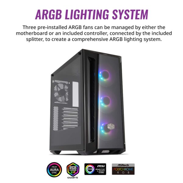 Cooler Master MasterBox MB520 ARGB - ATX PC Case with Tinted Front Panel, 3 x 120mm Pre-Installed Fans, Glass Side Panel, Flexible Air Flow Configurations - ARGB - Image 5