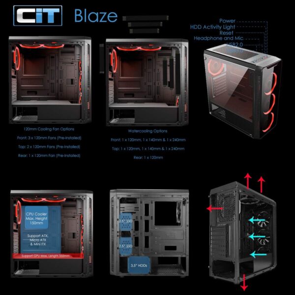 CiT Blaze Red PC Gaming Case Mid-Tower ATX - Tempered Glass, for Enhanced Gaming | Black - Image 6