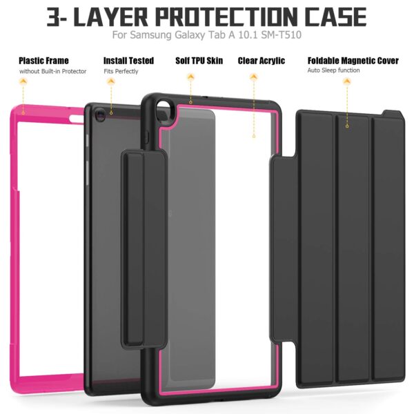 TianTa Galaxy Tab A 10.1 Case 2019, Slim Leather Full Body Hard Back Shell Smart Cover with Built-in Screen Protector for Samsung Galaxy Tab A 10.1 inch SM-T510/T515/T517, Black/Rose - Image 5